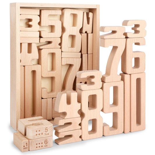 Wooden Number Building Blocks, Large Digit Blocks 1-10, 32 Pcs Number Toys