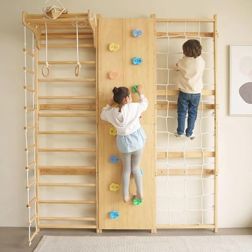Avenlur Walnut 9-in-1 Swedish Ladder Wall Gym Kids, Indoor Climbing Wall