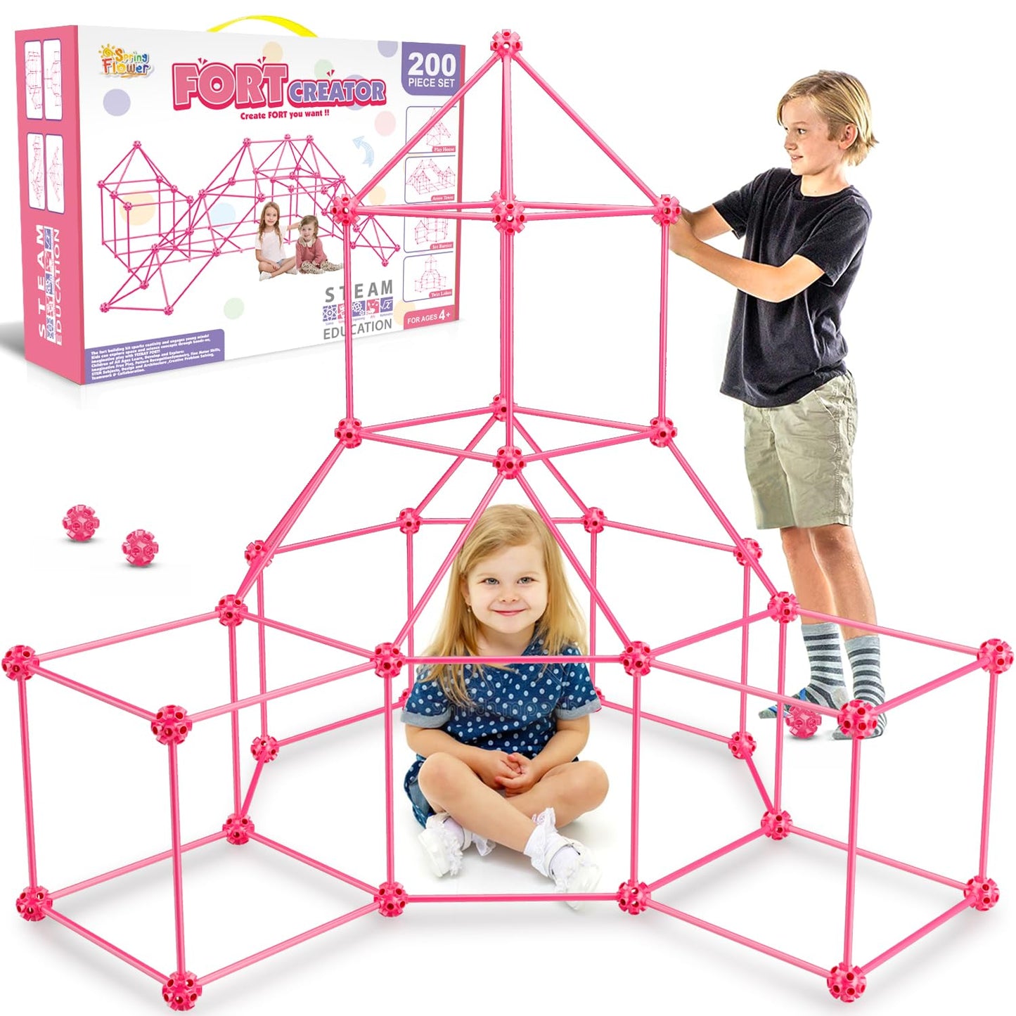 SpringFlower Fort Building Kit for Kids,STEM Construction Toys, Educational Gift for 4 5 6 7 8 9 10 11 12 Years Old Boys and Girls,Ultimate Creative Set for Indoor & Outdoors Activity