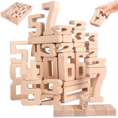 Wooden Number Building Blocks, Large Digit Blocks 1-10, 32 Pcs Number Toys