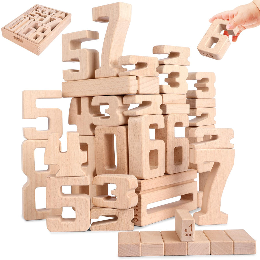 Wooden Number Building Blocks, Large Digit Blocks 1-10, 32 Pcs Number Toys