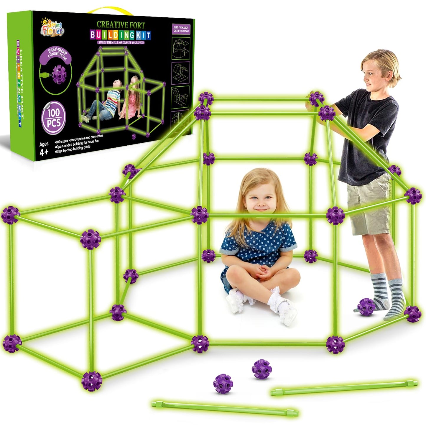 SpringFlower Fort Building Kit for Kids,STEM Construction Toys, Educational Gift for 4 5 6 7 8 9 10 11 12 Years Old Boys and Girls,Ultimate Creative Set for Indoor & Outdoors Activity