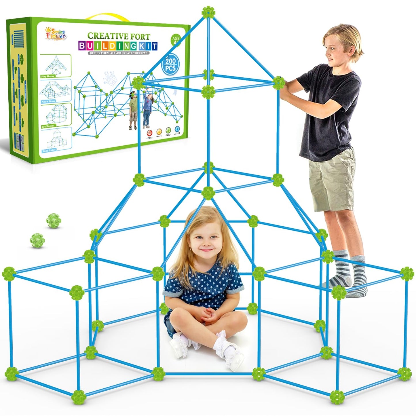 SpringFlower Fort Building Kit for Kids,STEM Construction Toys, Educational Gift for 4 5 6 7 8 9 10 11 12 Years Old Boys and Girls,Ultimate Creative Set for Indoor & Outdoors Activity