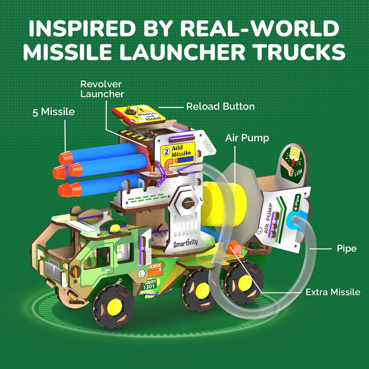 Smartivity DIY Military Vehicle for Kids | Missile Truck with Rotating Launcher | Best Birthday Gift for Boys&Girls | STEM Educational Toy with Air-Powered Missiles for 8,9,10,11,12,13,14 Years