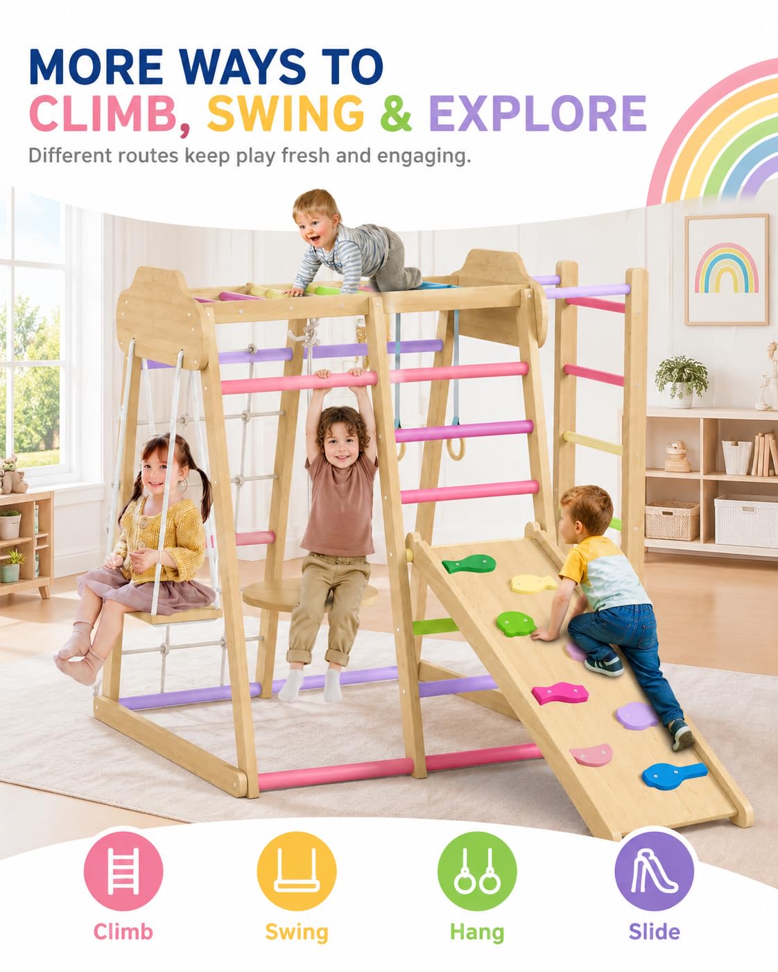 Indoor Jungle Gym with Slide & Swing for Active Play