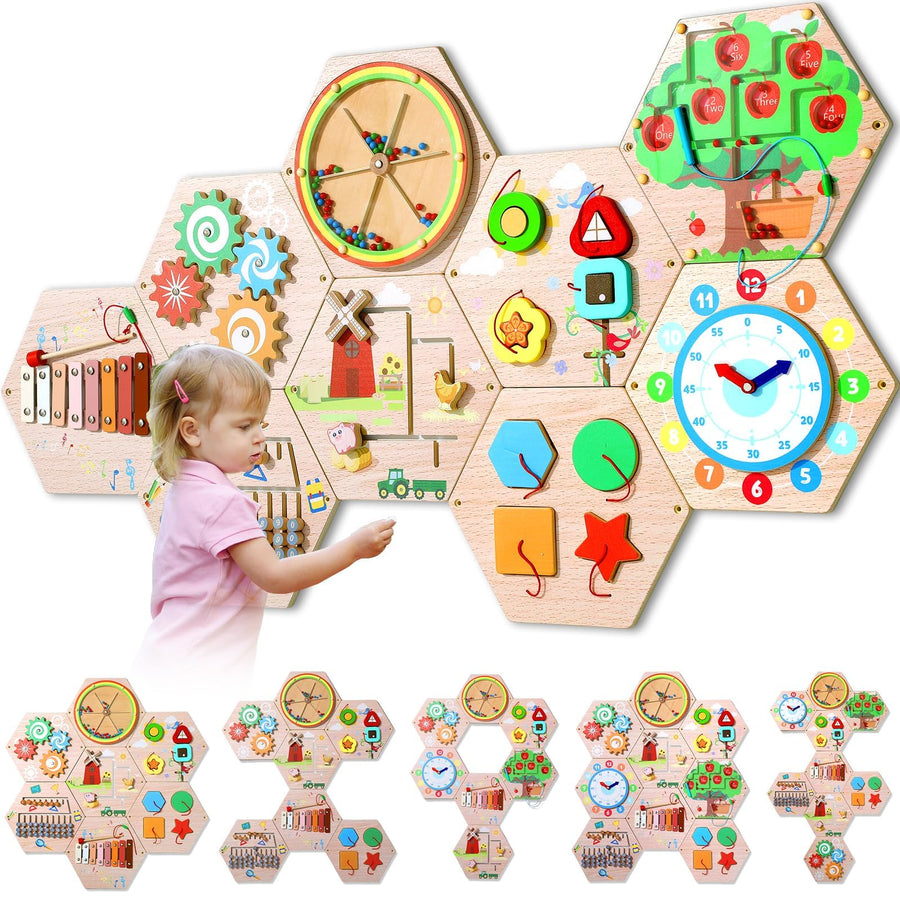 9Pcs Hexagon Activity Wall Busy Board Panels, Wooden Sensory Wall Panel for Kids, Montessori Learning Activity Center, Educational Toys for Toddler Playroom Daycare Nursery Classroom Birthday Gifts