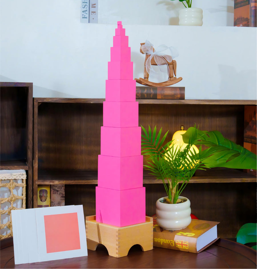 Premium Montessori Pink Tower with Stand & Cards – Solid Beechwood Sensorial Material, 10 Graded Cubes 1-10cm, Size Discrimination & Fine Motor Skills Toy for Toddlers, Homeschool Classroom Ages 3-6