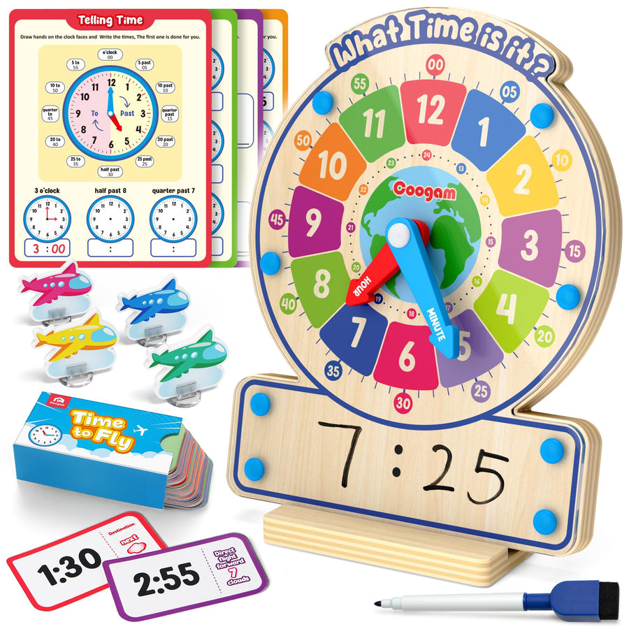 Coogam Wooden Clock Teaching Time Toy, Analog Digital Clock with Fly-Telling Time Board Game, Montessori Time Learning Educational Toy for 3 4 5 Year Old Homeschool Classroom Kids