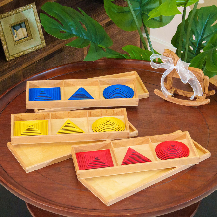 Premium Montessori Geometric Graded Shapes Beechwood，Red Yellow Blue Color Squares Triangles Circles, Sensorial Materials Shape Recognition, Size Discrimination Fine Motor Skills, Homeschool Kids